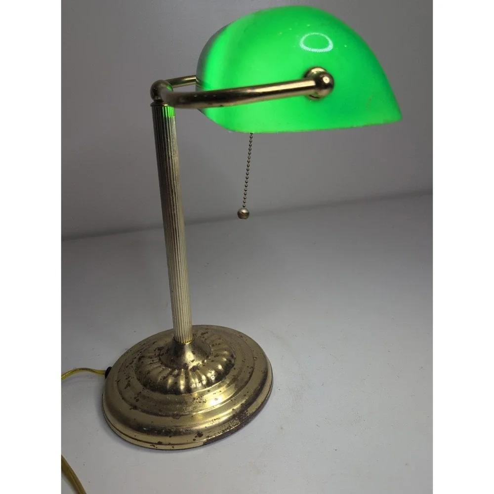Vintage Brass Bankers Desk Lamp Green Glass Pull Chain